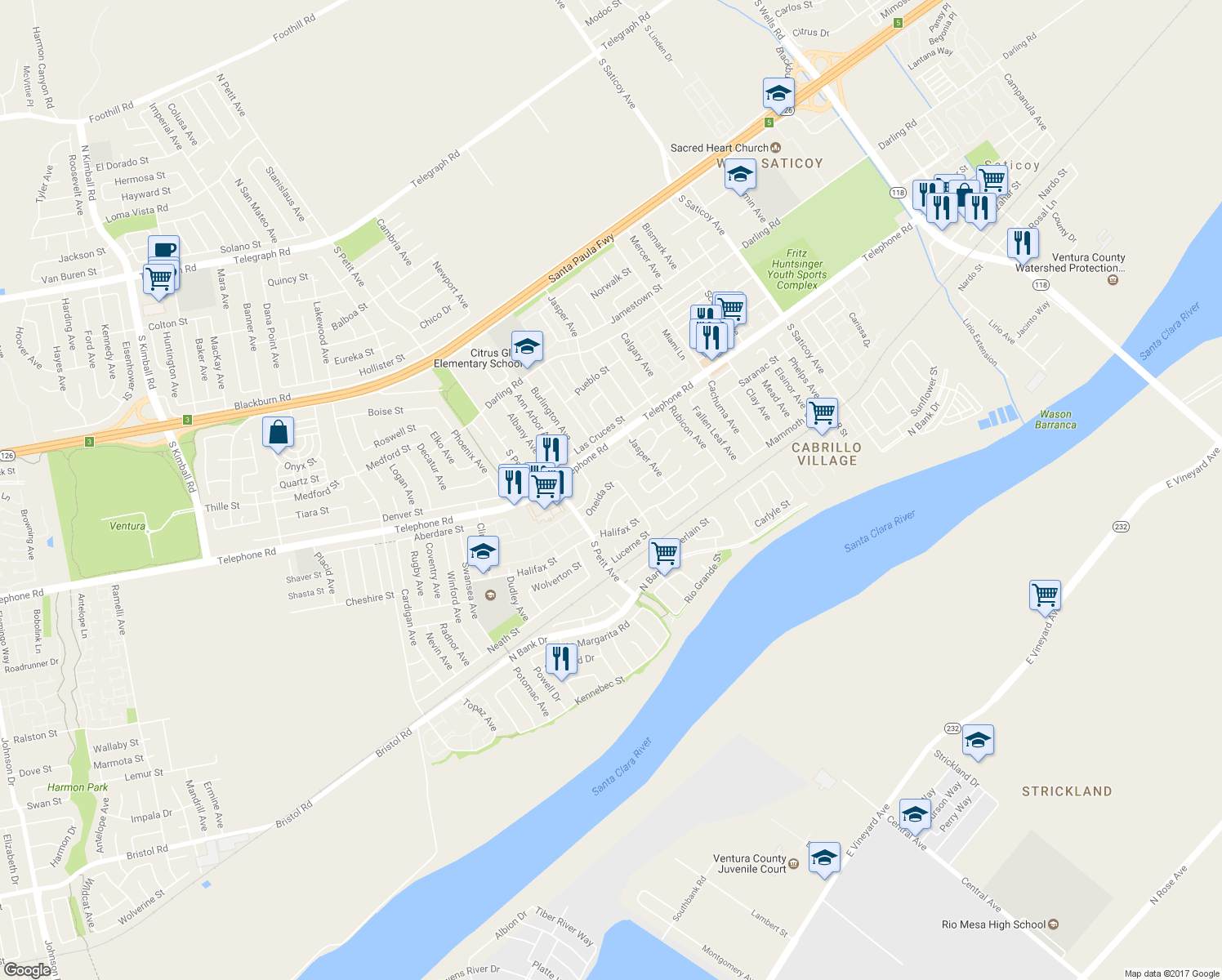 map of restaurants, bars, coffee shops, grocery stores, and more near 9638 Oneida Street in Ventura