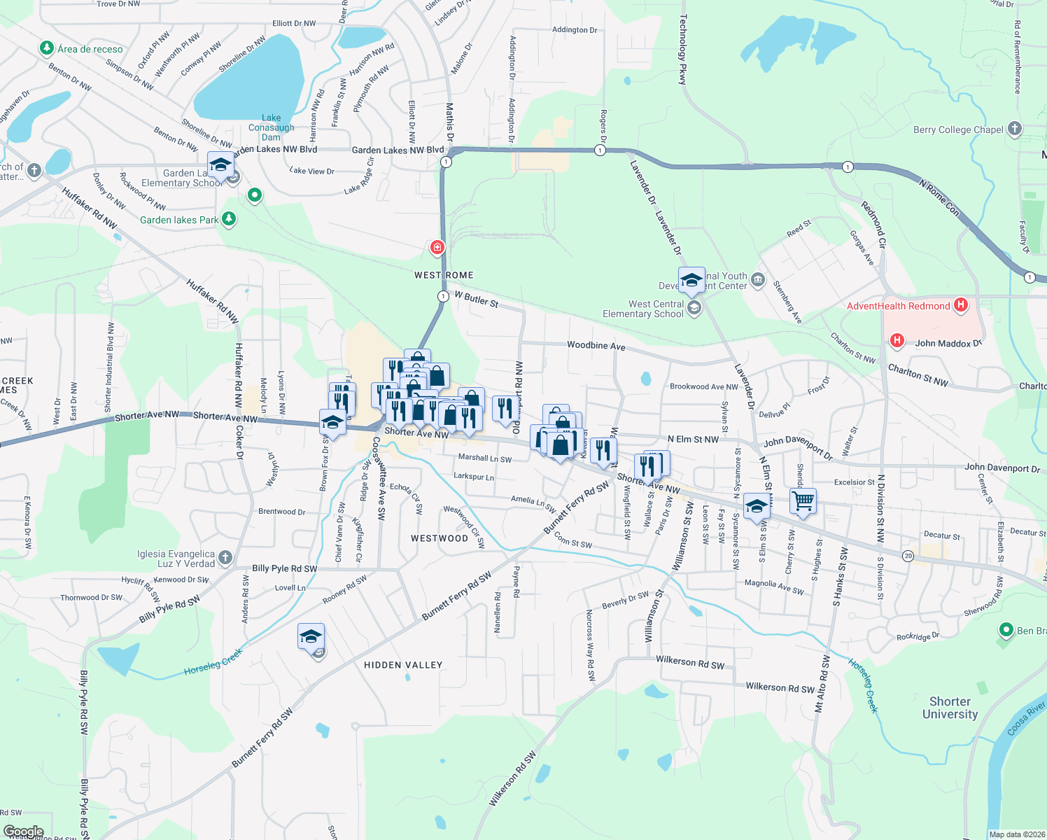 map of restaurants, bars, coffee shops, grocery stores, and more near 12 Old Airport Road Northwest in Rome