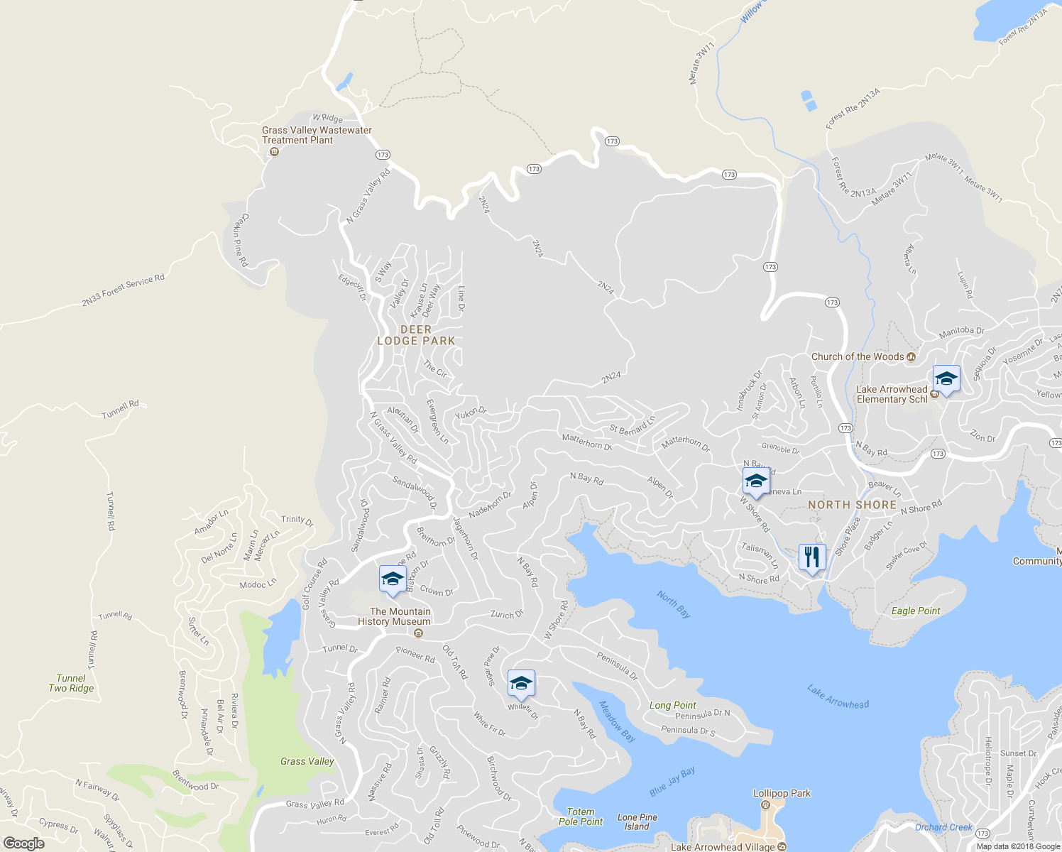 map of restaurants, bars, coffee shops, grocery stores, and more near 1164 Nadelhorn Drive in Lake Arrowhead