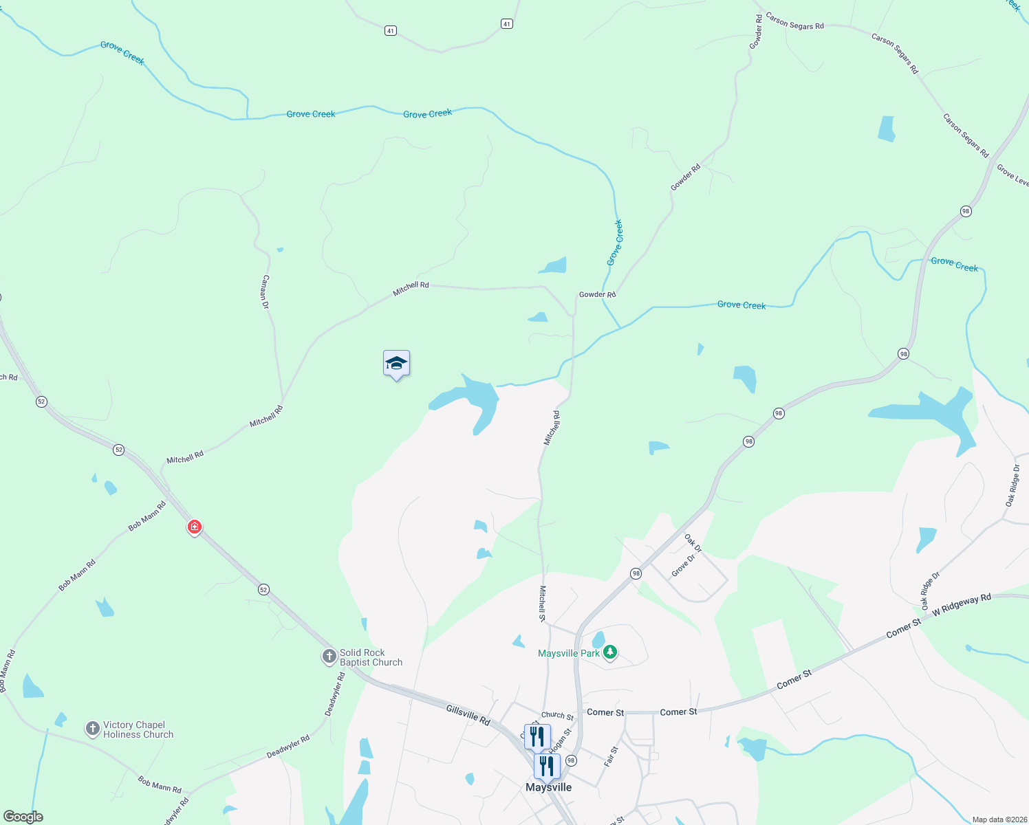 map of restaurants, bars, coffee shops, grocery stores, and more near 411-625 Mitchell Road in Maysville