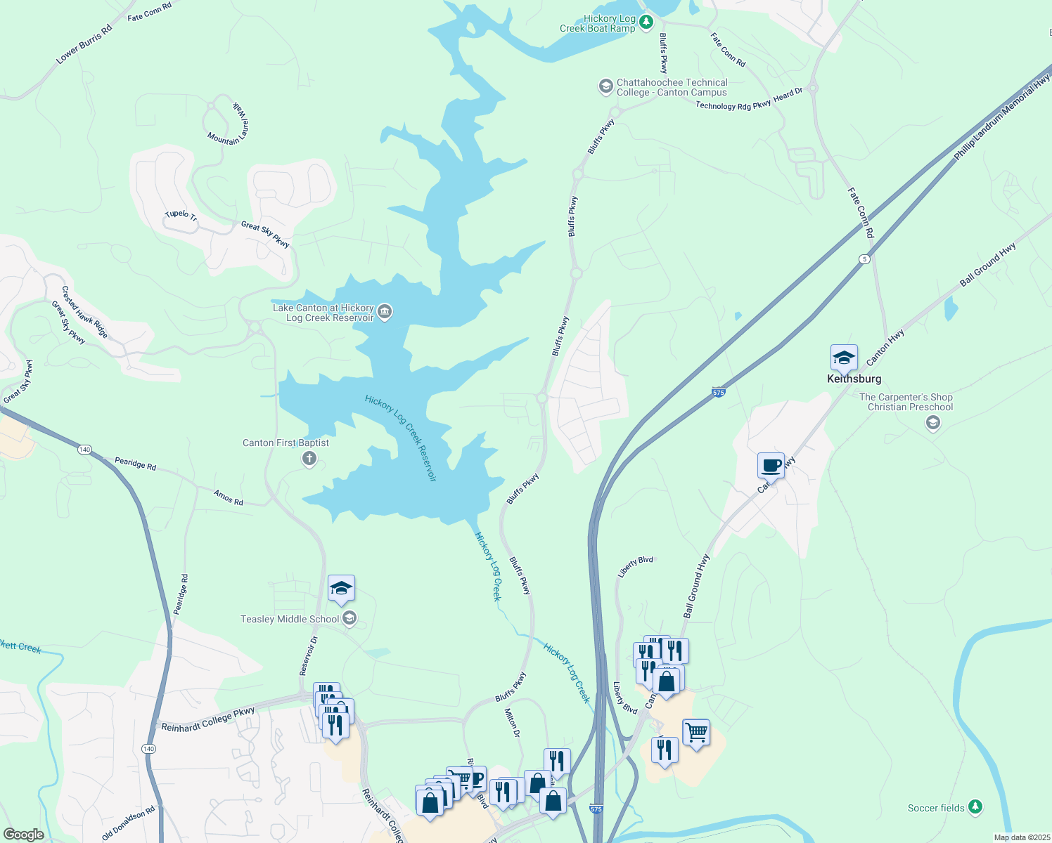 map of restaurants, bars, coffee shops, grocery stores, and more near Waterstone Trail in Canton