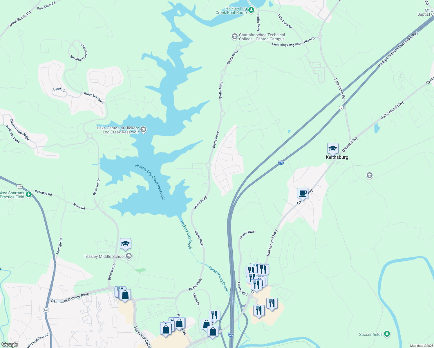 map of restaurants, bars, coffee shops, grocery stores, and more near 503 Forest Lane in Canton