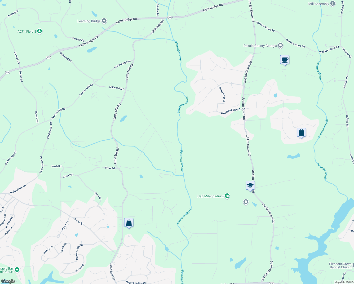 map of restaurants, bars, coffee shops, grocery stores, and more near 6633 Millwood Road in Cumming