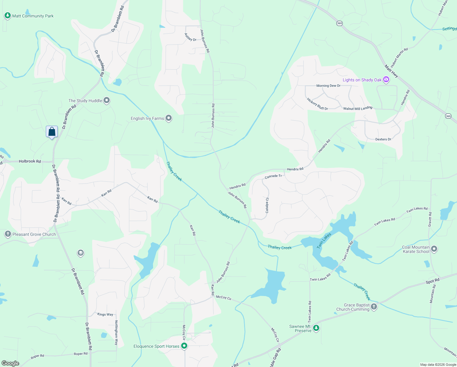 map of restaurants, bars, coffee shops, grocery stores, and more near 5360 John Burruss Road in Cumming