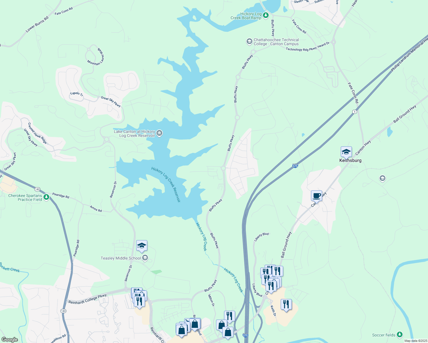 map of restaurants, bars, coffee shops, grocery stores, and more near Waterstone Trail in Canton