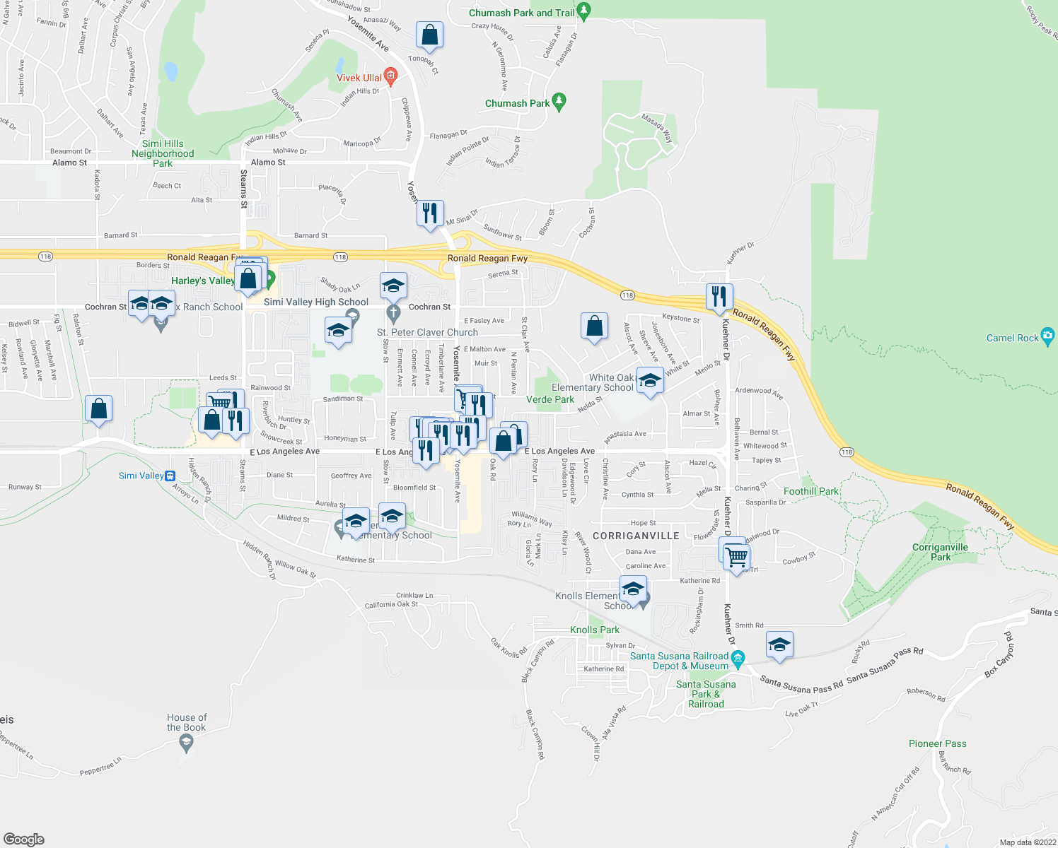 map of restaurants, bars, coffee shops, grocery stores, and more near 6002 Nelda Street in Simi Valley