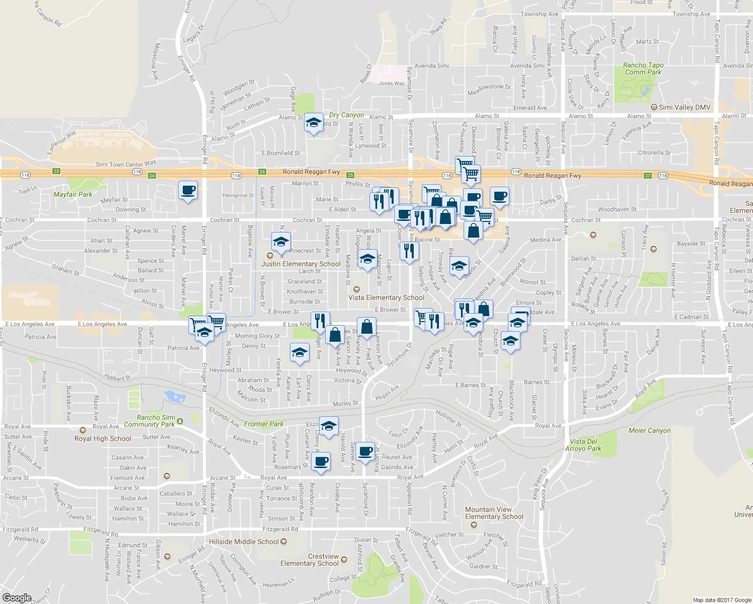 map of restaurants, bars, coffee shops, grocery stores, and more near 2057 Magnolia Street in Simi Valley