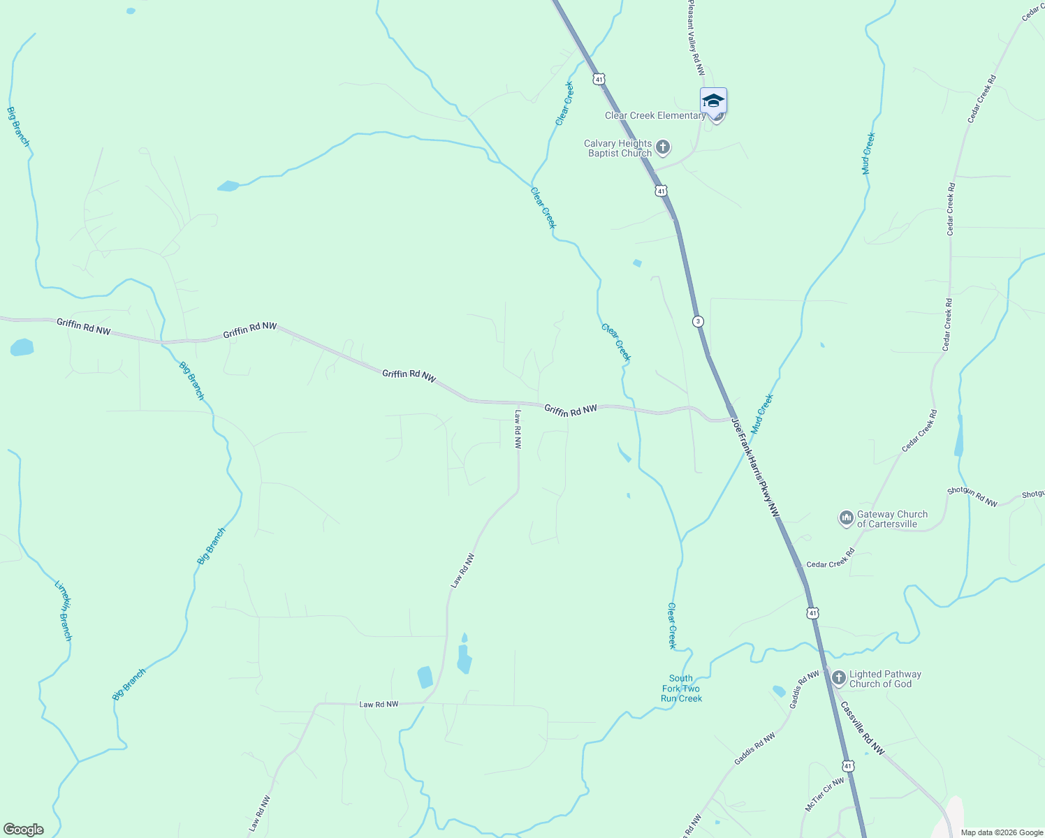 map of restaurants, bars, coffee shops, grocery stores, and more near 13 Law Rd NW in Cartersville