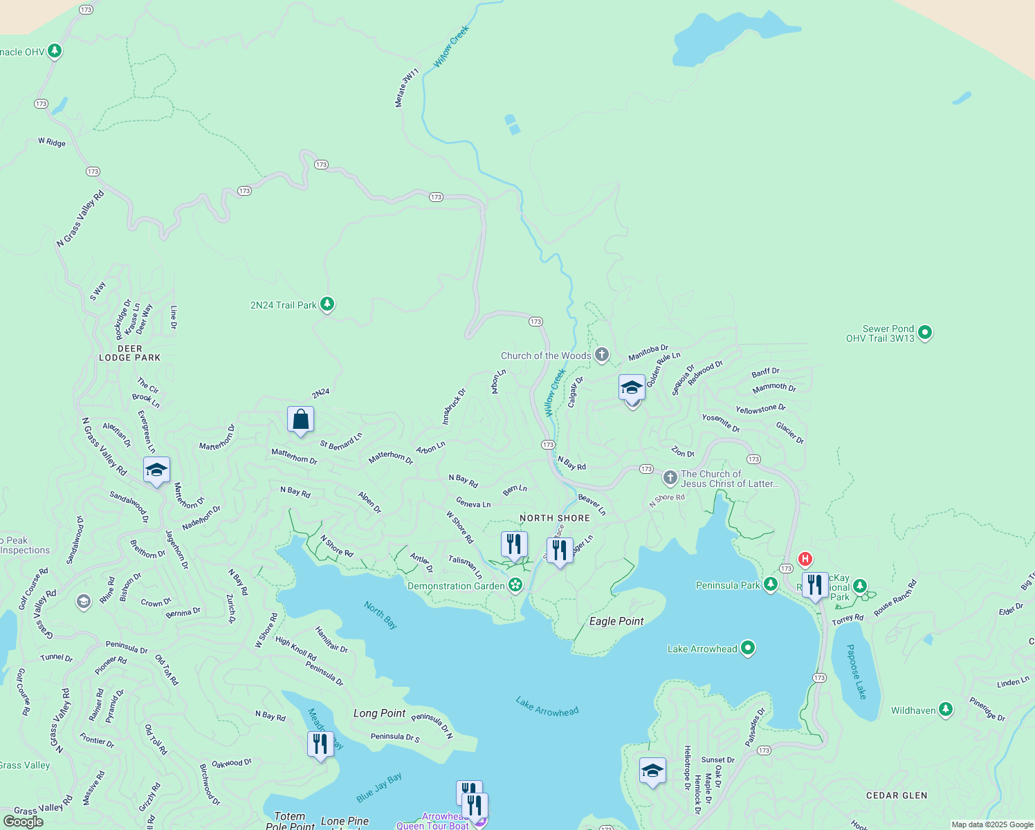 map of restaurants, bars, coffee shops, grocery stores, and more near 1292 Portillo Lane in Lake Arrowhead