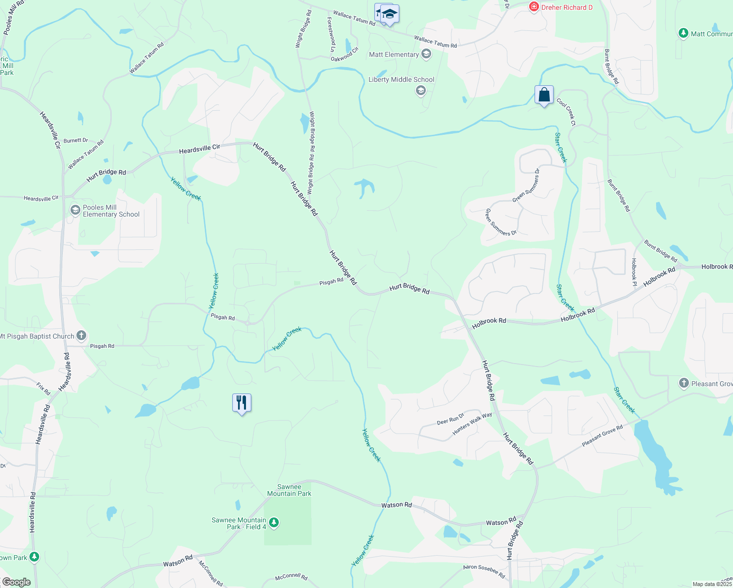 map of restaurants, bars, coffee shops, grocery stores, and more near Hurt Bridge Road in Forsyth County