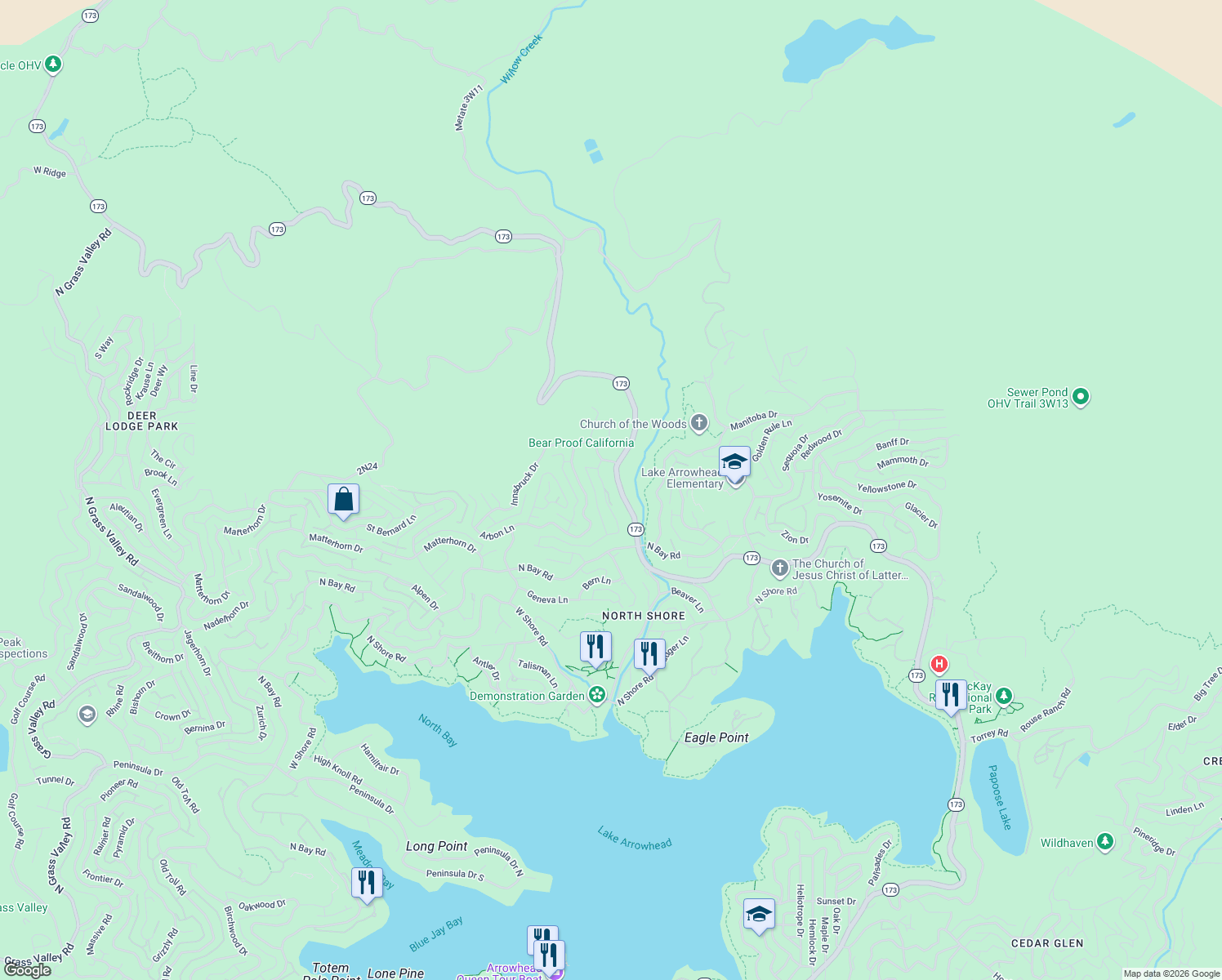 map of restaurants, bars, coffee shops, grocery stores, and more near 1297 Portillo Lane in Lake Arrowhead