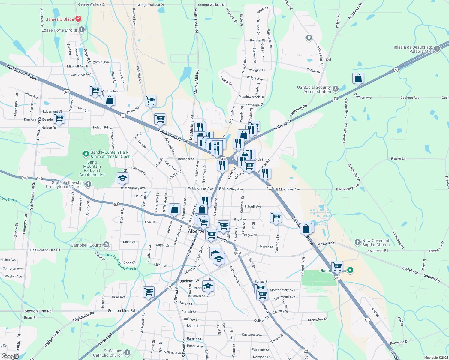 map of restaurants, bars, coffee shops, grocery stores, and more near 407 North Broad Street in Albertville