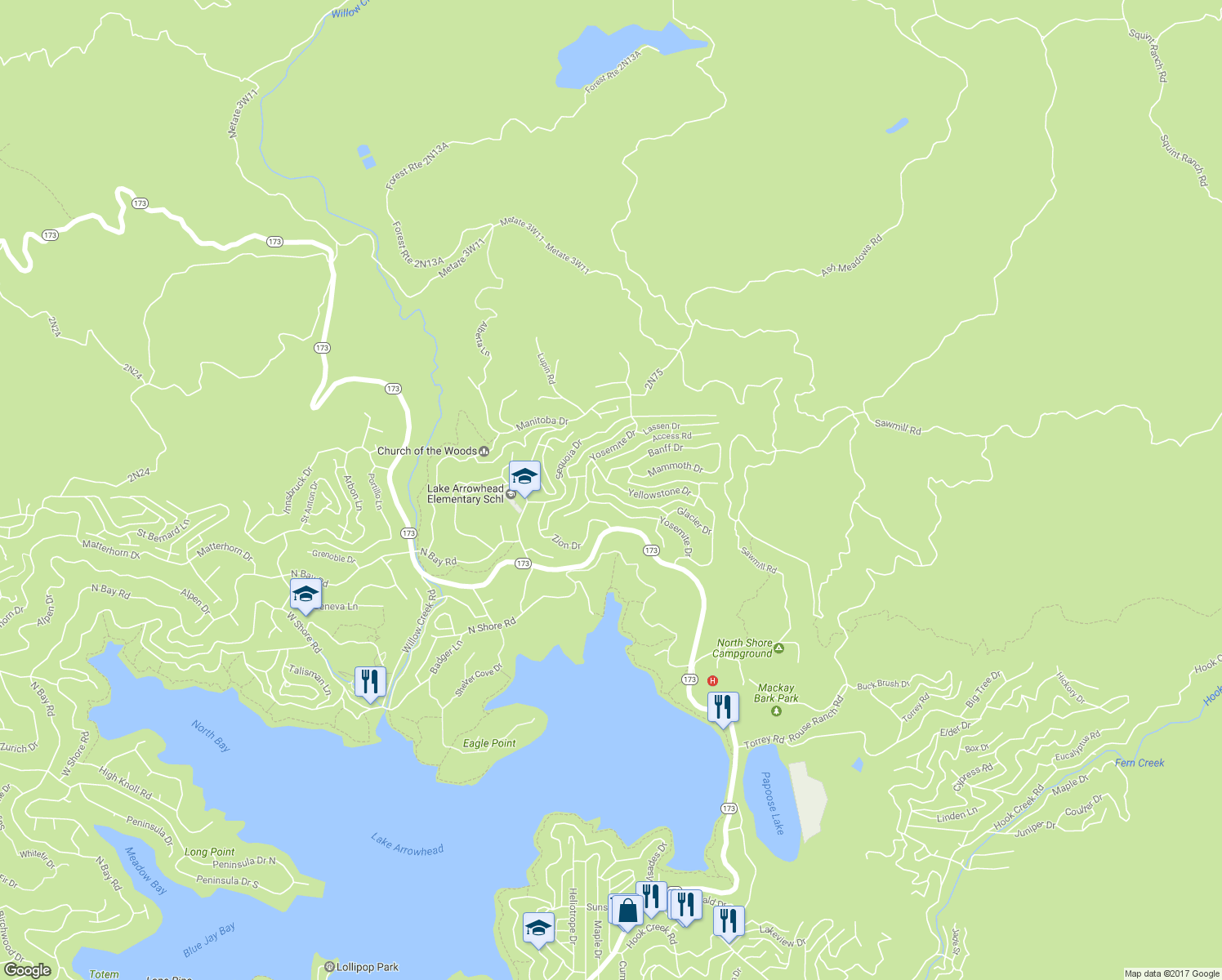 map of restaurants, bars, coffee shops, grocery stores, and more near 1374 Yellowstone Drive in Lake Arrowhead