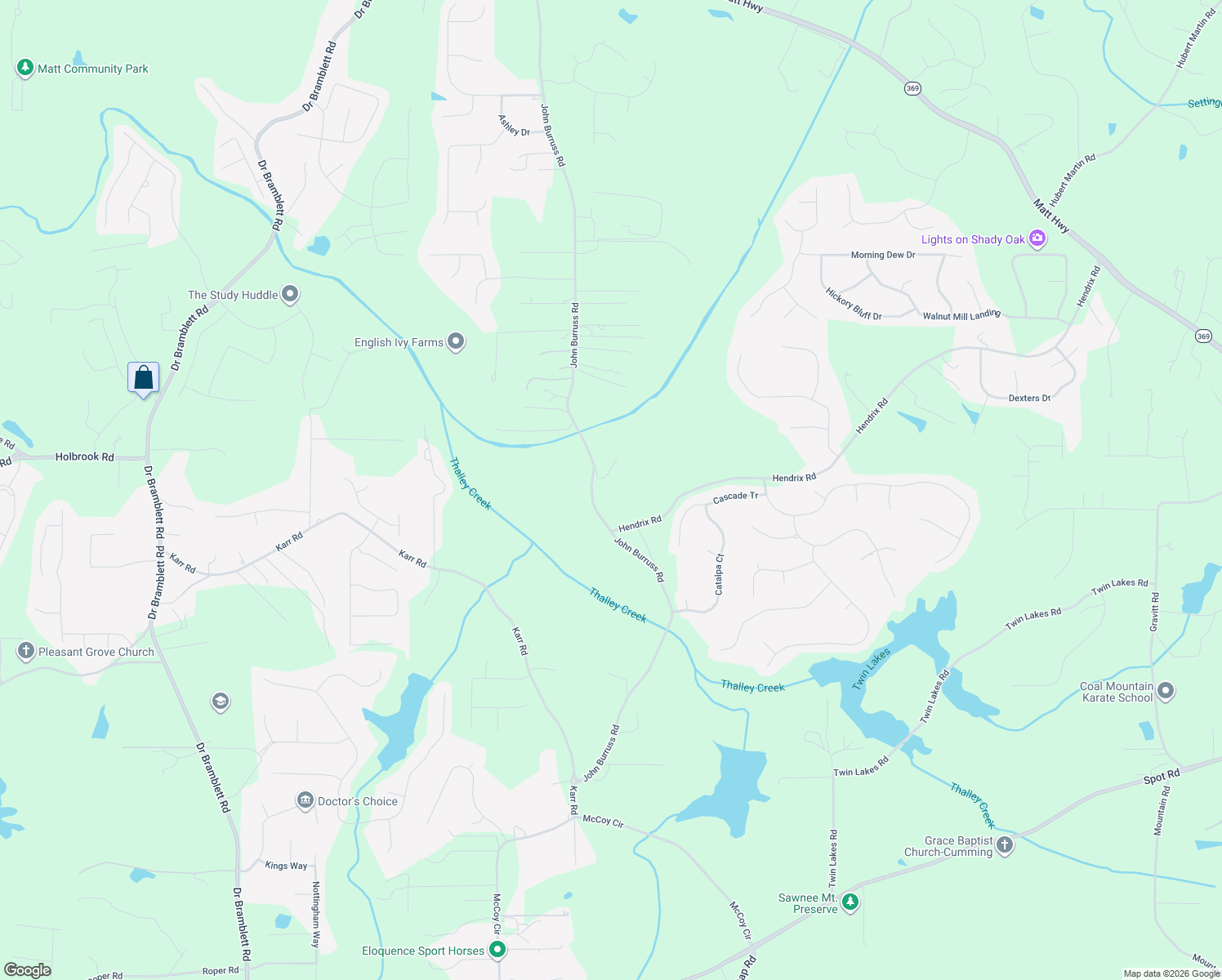 map of restaurants, bars, coffee shops, grocery stores, and more near 5360 John Burruss Road in Cumming