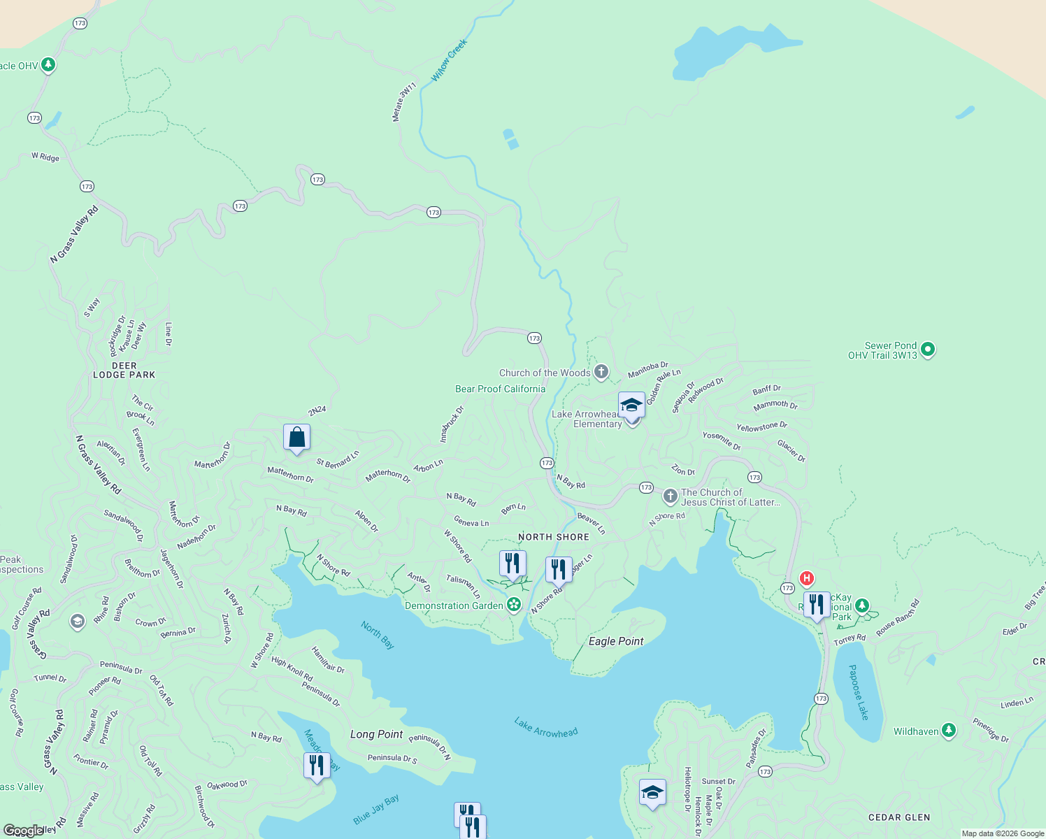 map of restaurants, bars, coffee shops, grocery stores, and more near 1297 Portillo Lane in Lake Arrowhead