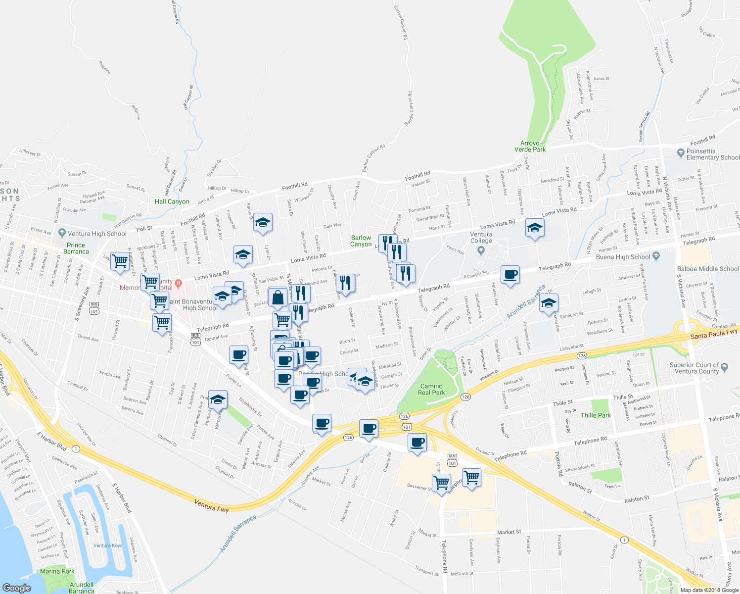 map of restaurants, bars, coffee shops, grocery stores, and more near 3980 Telegraph Road in Ventura
