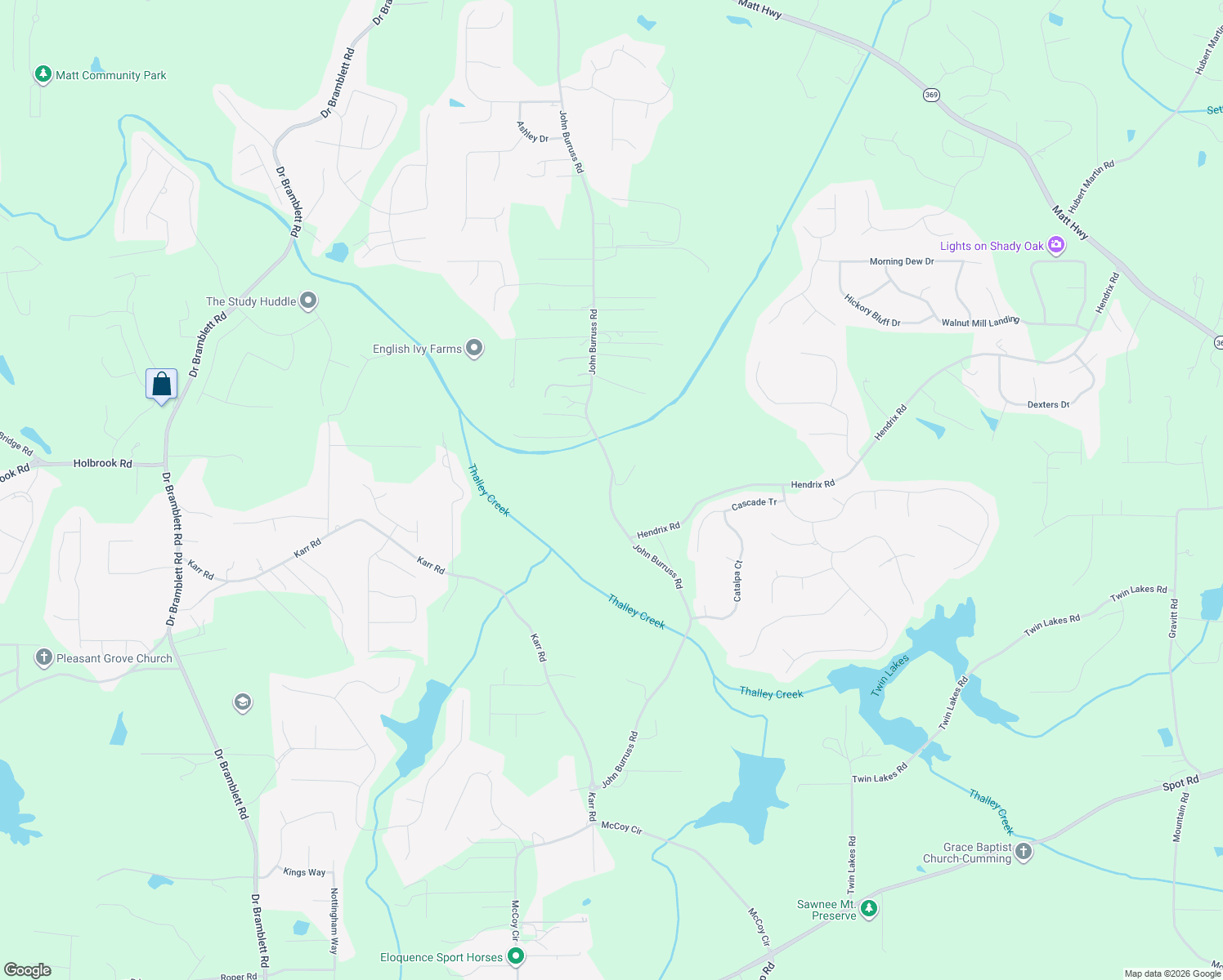 map of restaurants, bars, coffee shops, grocery stores, and more near 5360 John Burruss Road in Cumming