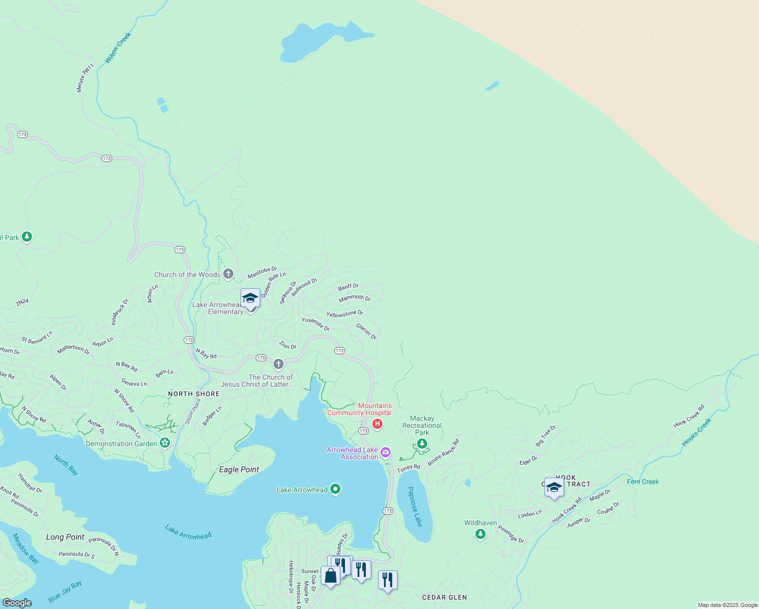 map of restaurants, bars, coffee shops, grocery stores, and more near 29083 Mammoth Drive in Lake Arrowhead