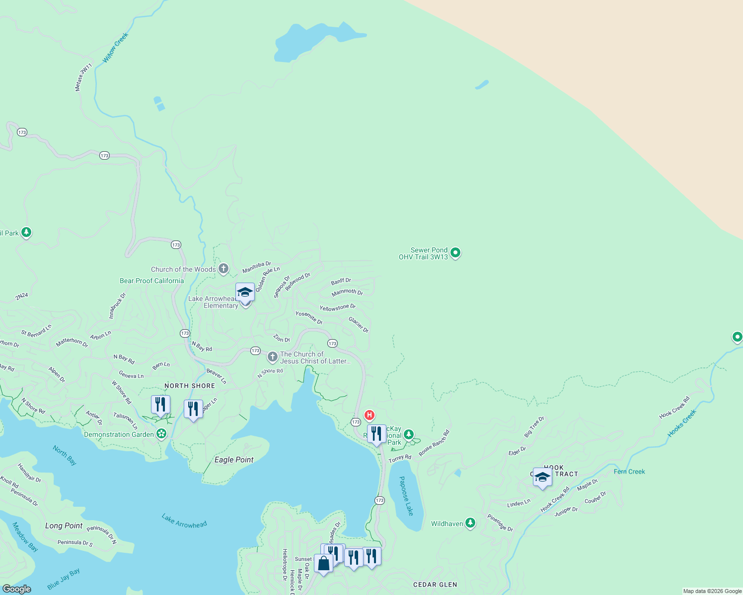 map of restaurants, bars, coffee shops, grocery stores, and more near 29083 Mammoth Drive in Lake Arrowhead