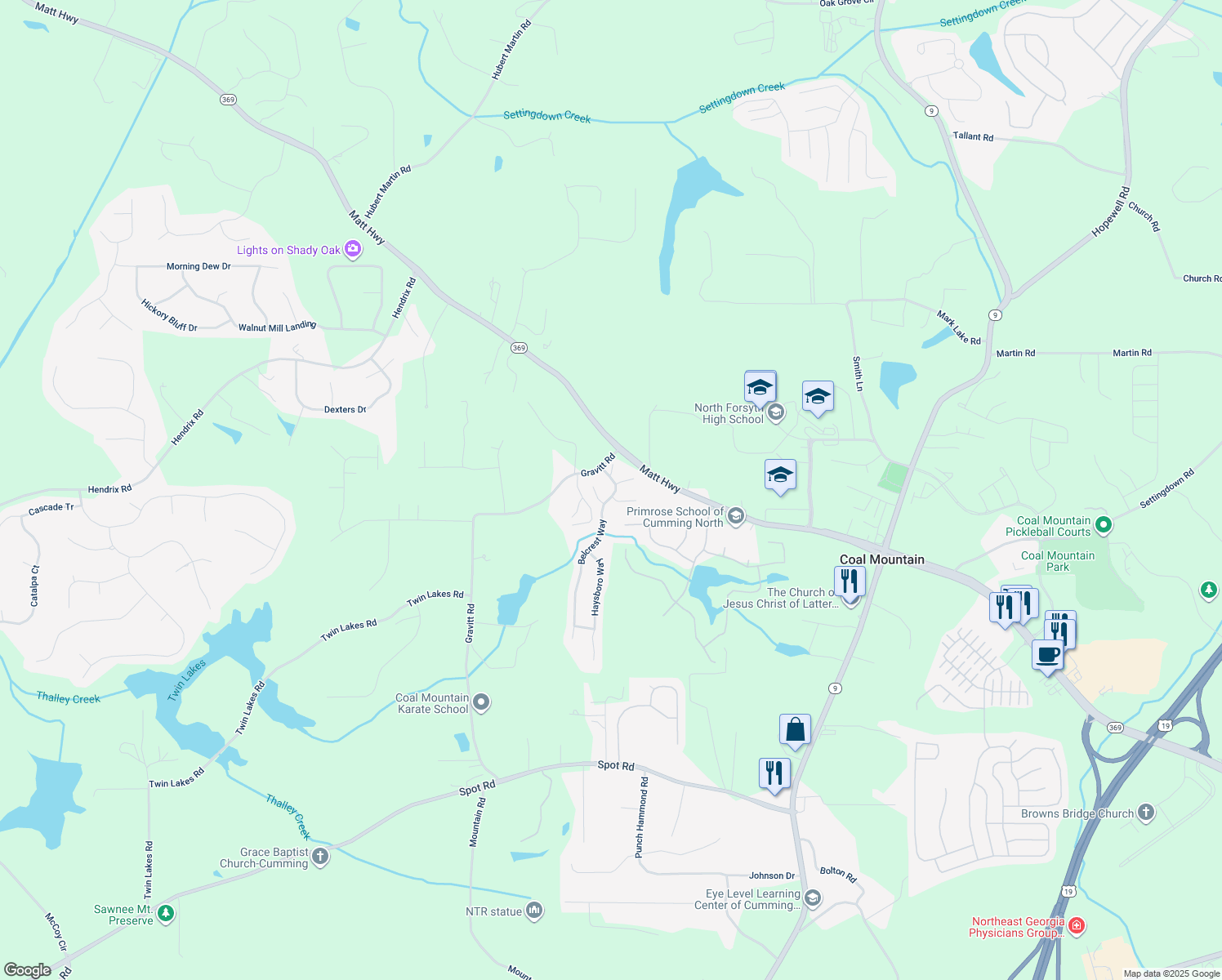 map of restaurants, bars, coffee shops, grocery stores, and more near 4420 Belcrest Way in Cumming