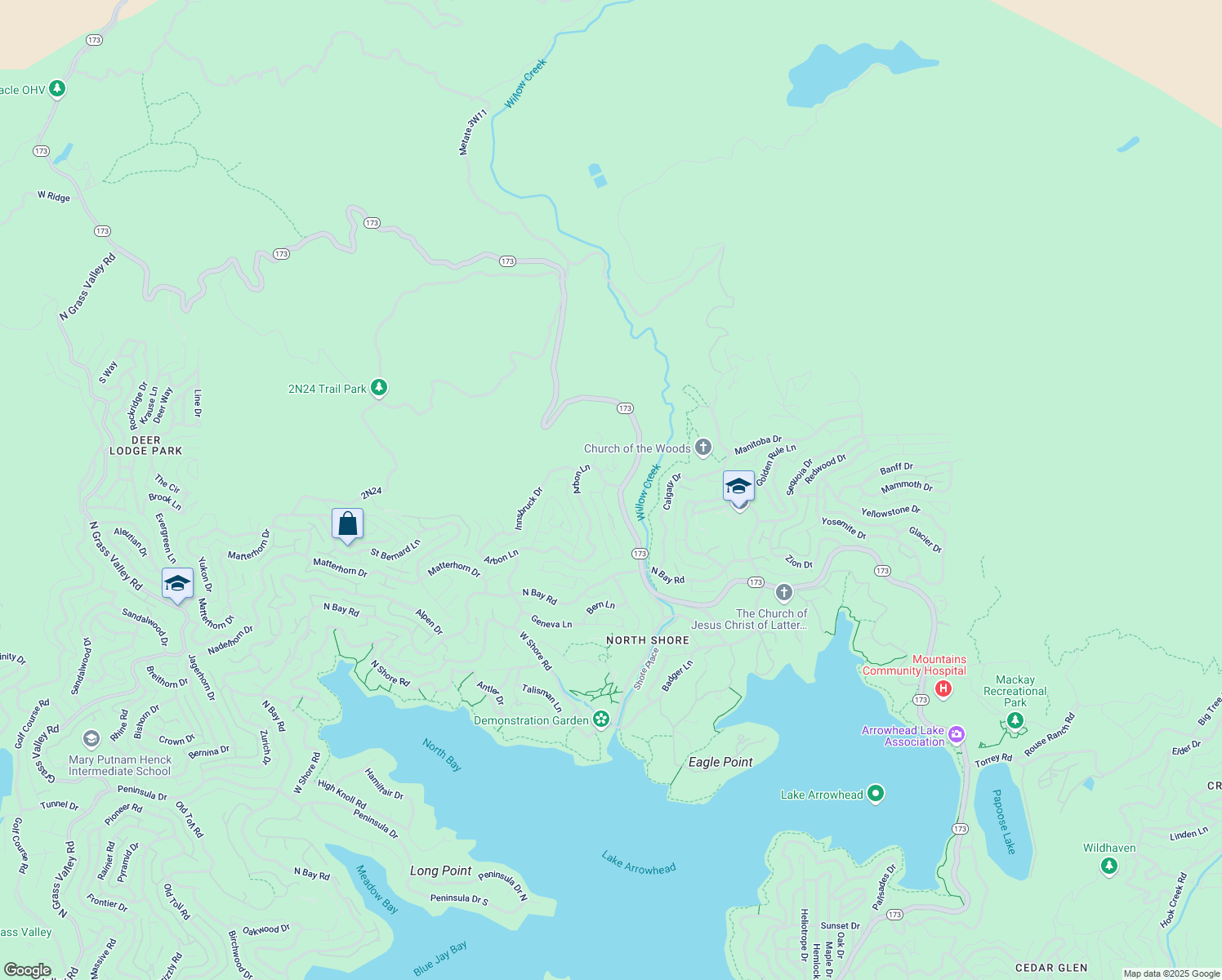 map of restaurants, bars, coffee shops, grocery stores, and more near 1359 Portillo Lane in Lake Arrowhead