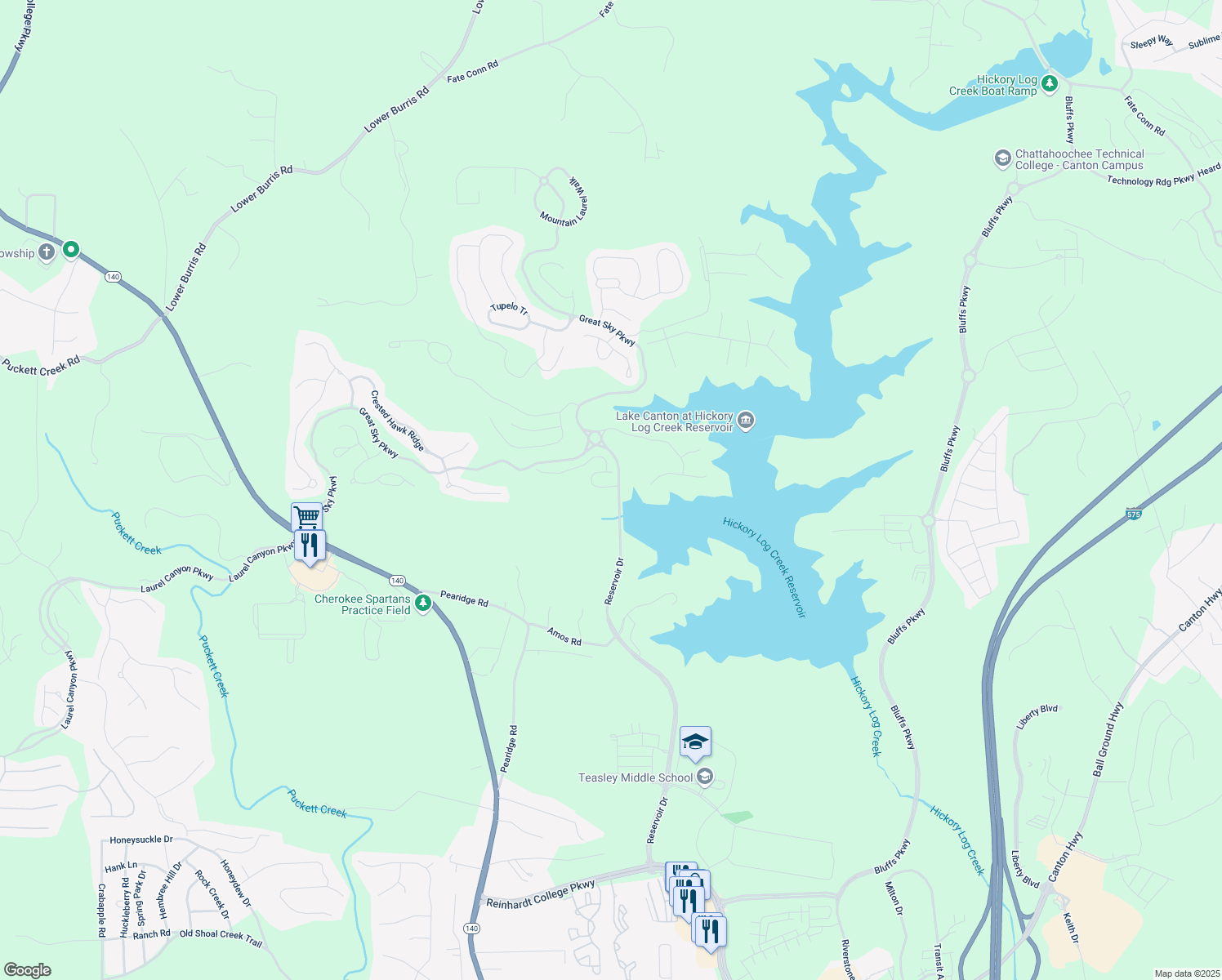 map of restaurants, bars, coffee shops, grocery stores, and more near 205 Lakeside Place in Canton