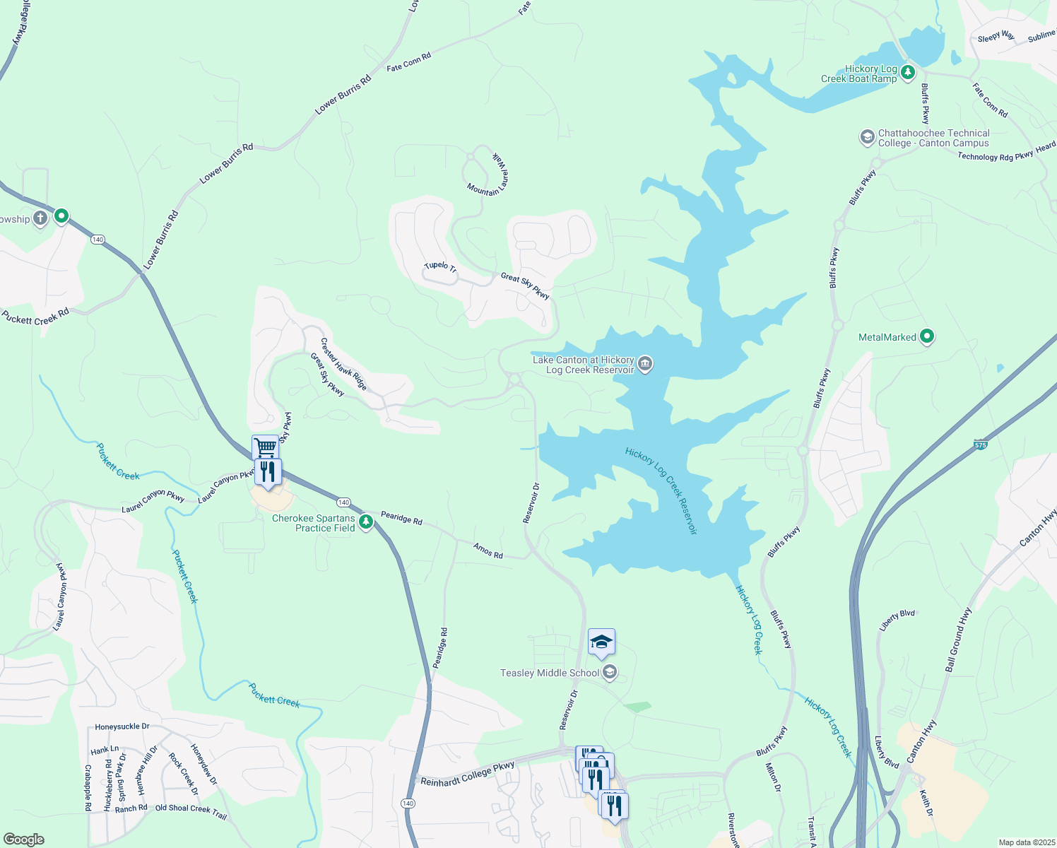 map of restaurants, bars, coffee shops, grocery stores, and more near 205 Lakeside Place in Canton