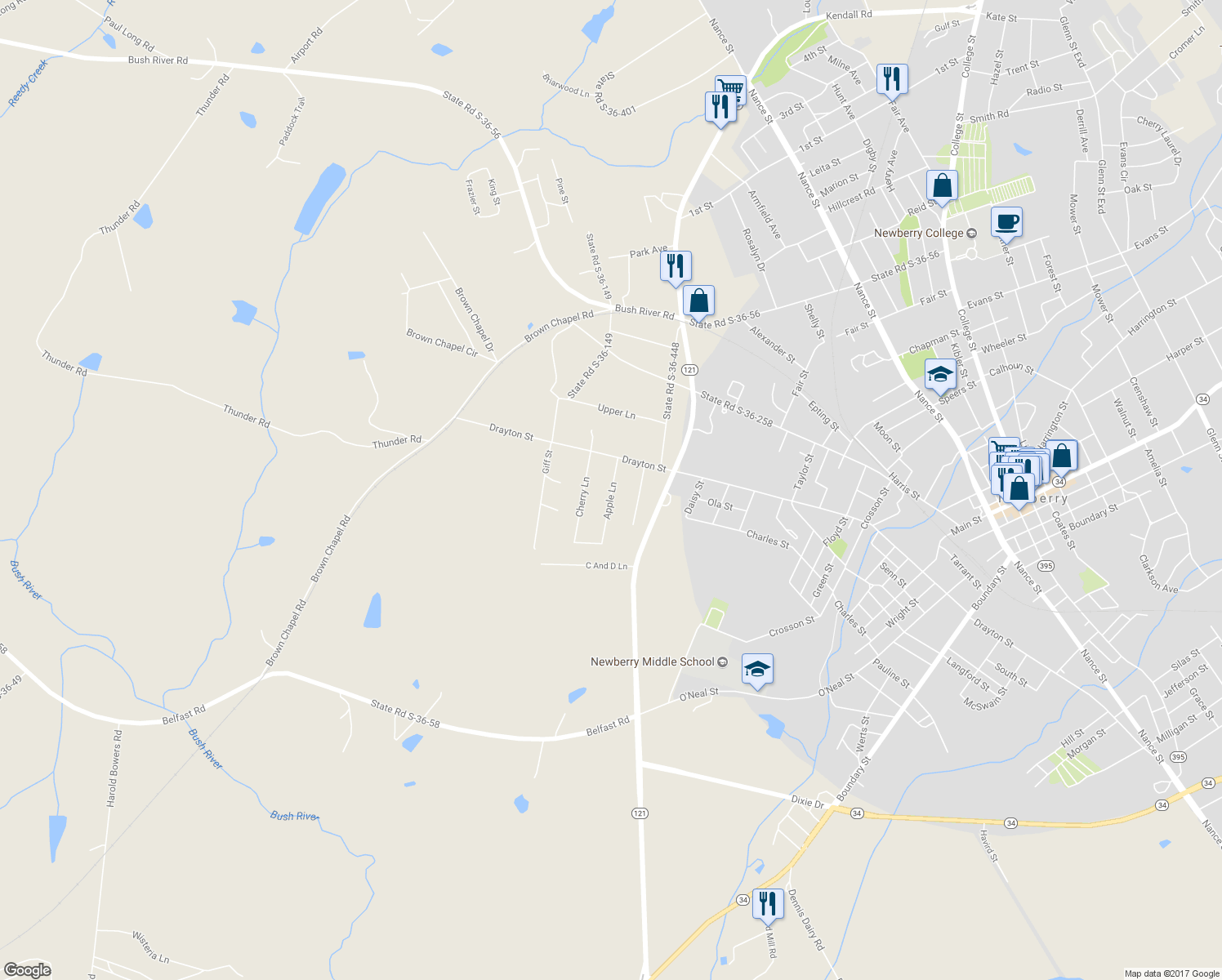 map of restaurants, bars, coffee shops, grocery stores, and more near 639 Apple Lane in Newberry