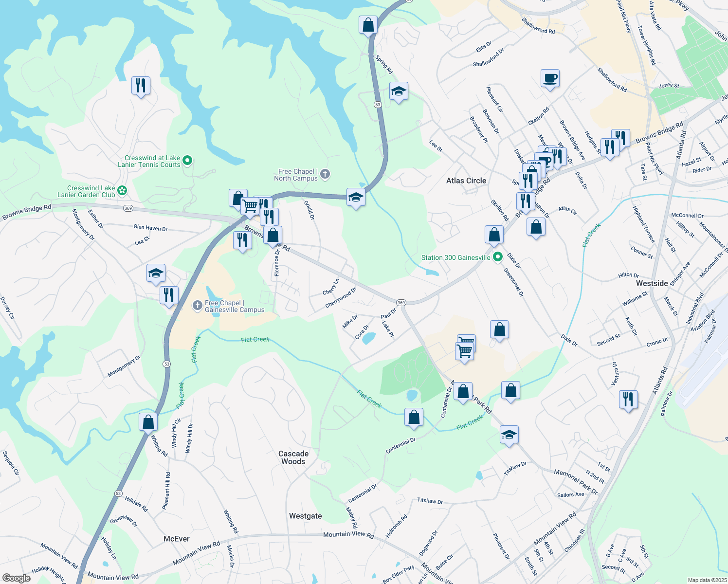 map of restaurants, bars, coffee shops, grocery stores, and more near 2517 Browns Bridge Road in Gainesville