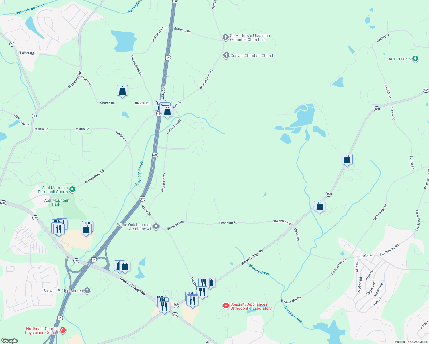 map of restaurants, bars, coffee shops, grocery stores, and more near 5035 Shadburn Road in Cumming