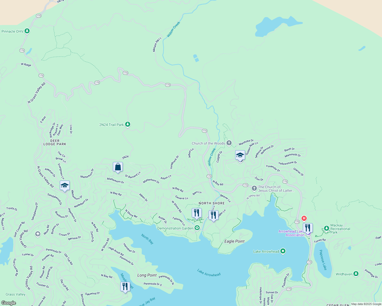 map of restaurants, bars, coffee shops, grocery stores, and more near 28277 Arbon Lane in Lake Arrowhead