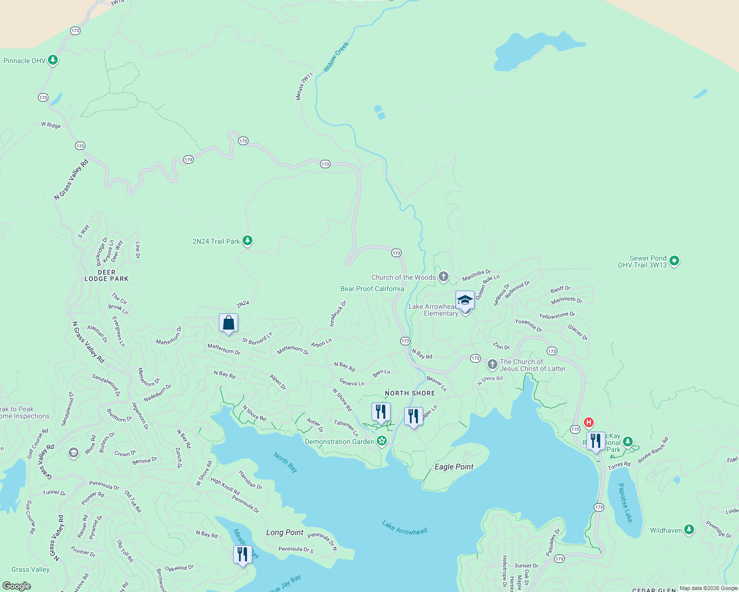 map of restaurants, bars, coffee shops, grocery stores, and more near 28277 Arbon Lane in Lake Arrowhead