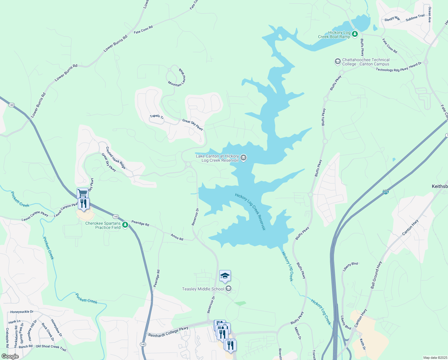 map of restaurants, bars, coffee shops, grocery stores, and more near 151 Sunshower Ridge in Canton