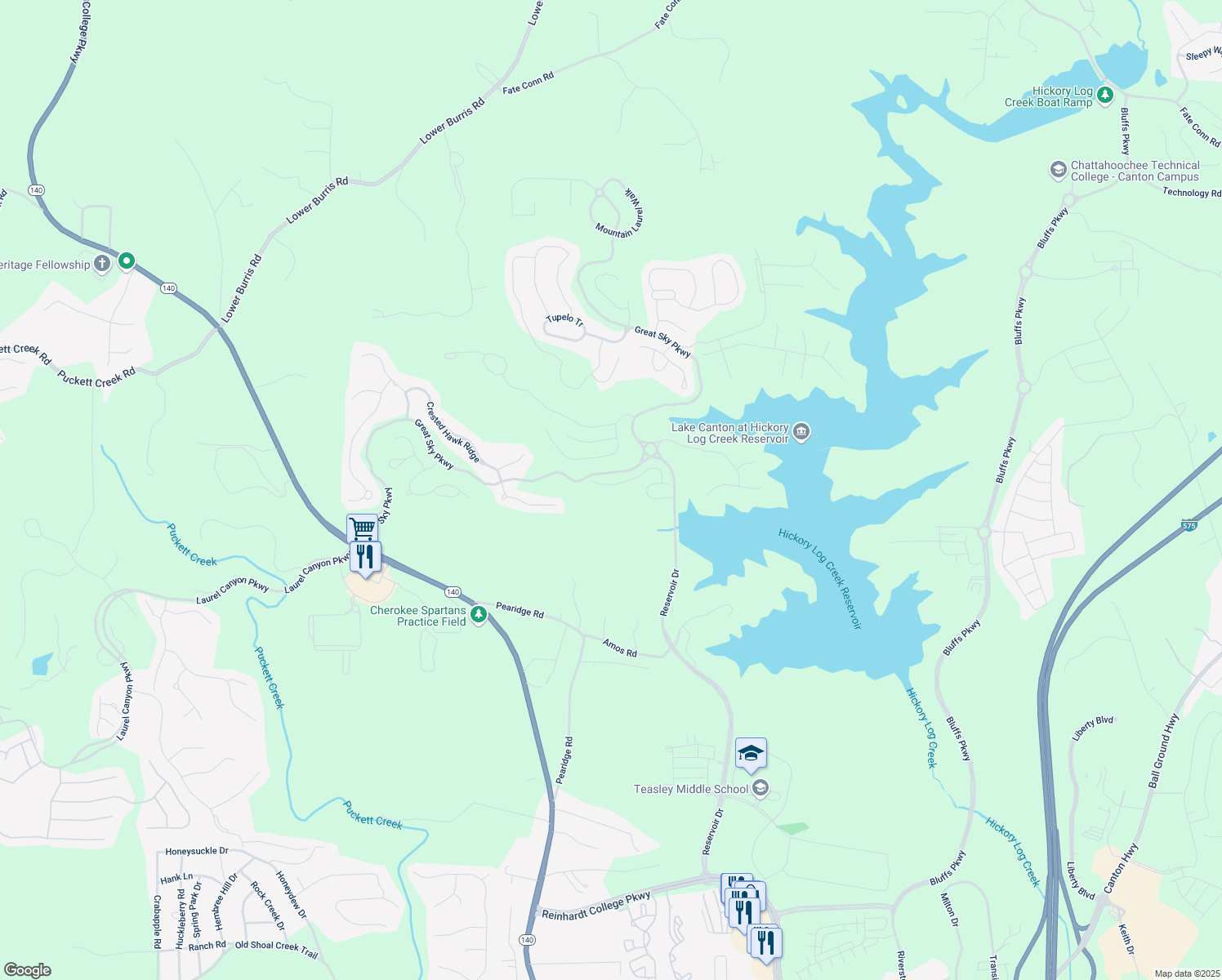 map of restaurants, bars, coffee shops, grocery stores, and more near 397 Lakeside Court in Canton