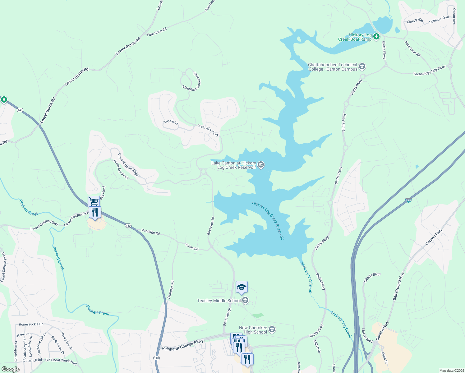 map of restaurants, bars, coffee shops, grocery stores, and more near 100 Sunshower Ridge in Canton