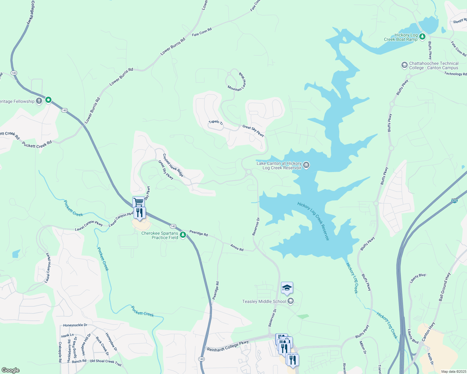 map of restaurants, bars, coffee shops, grocery stores, and more near 397 Lakeside Court in Canton