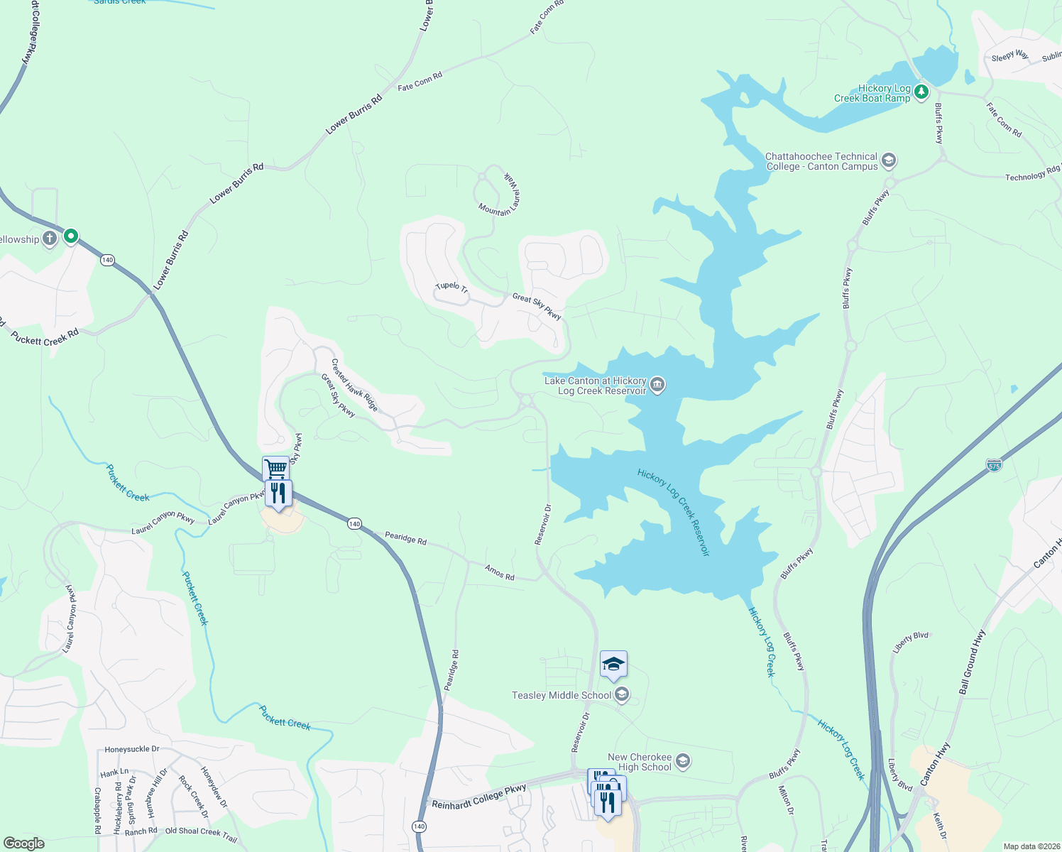 map of restaurants, bars, coffee shops, grocery stores, and more near 100 Sunshower Ridge in Canton