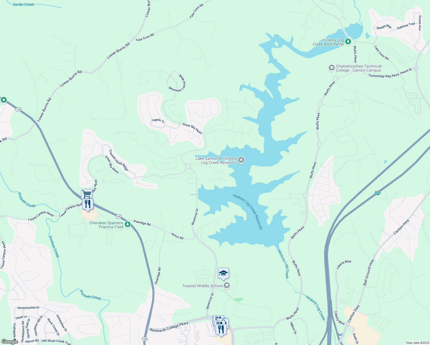 map of restaurants, bars, coffee shops, grocery stores, and more near 186 Sunshower Ridge in Canton