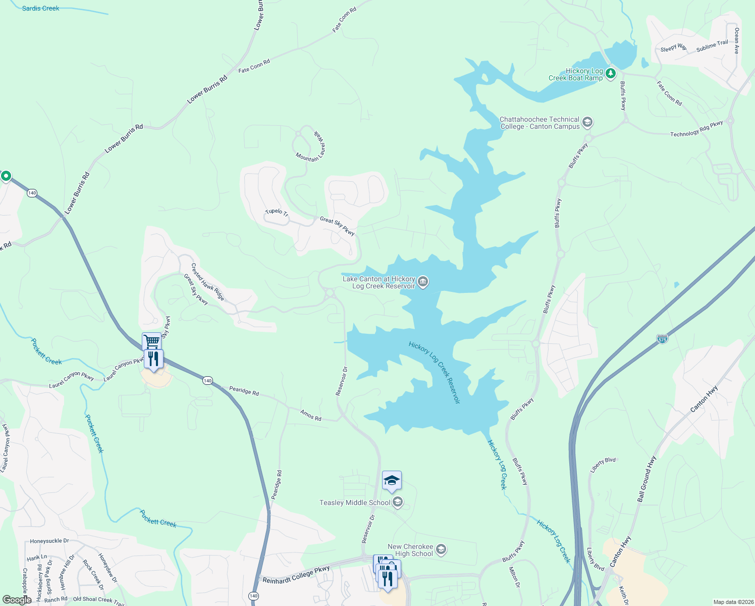 map of restaurants, bars, coffee shops, grocery stores, and more near 100 Sunshower Ridge in Canton