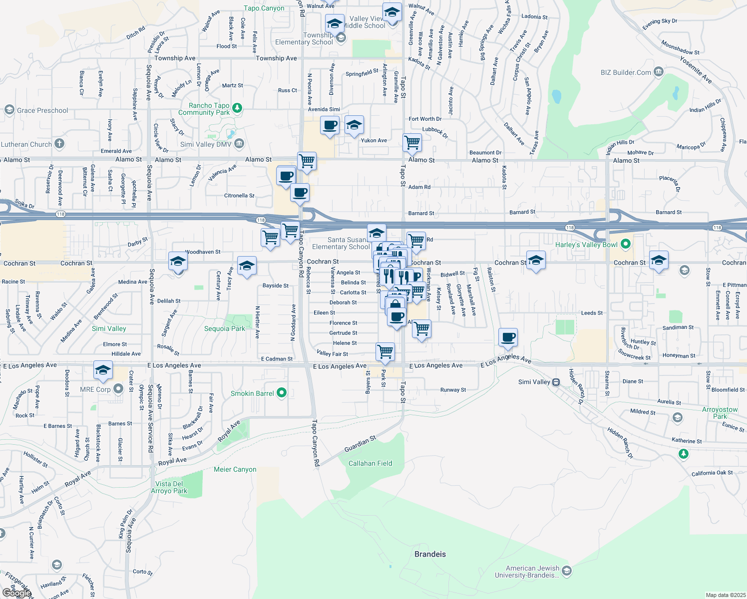 map of restaurants, bars, coffee shops, grocery stores, and more near 4275 Deborah Street in Simi Valley