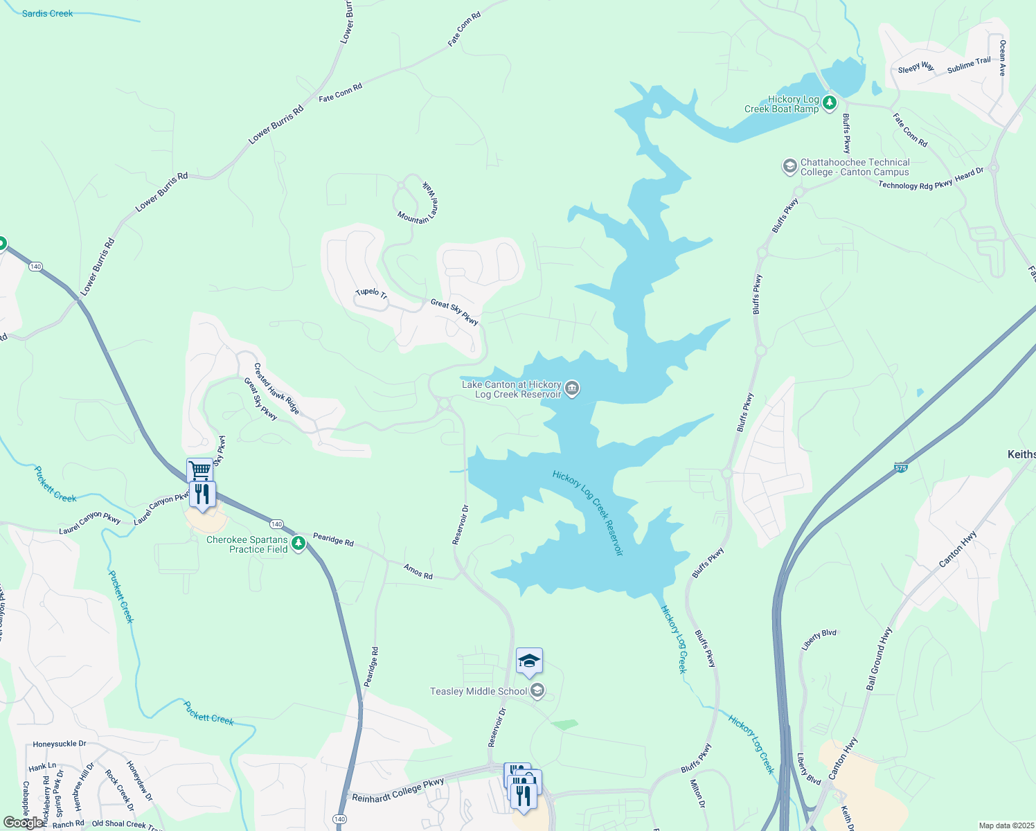 map of restaurants, bars, coffee shops, grocery stores, and more near 100 Sunshower Ridge in Canton
