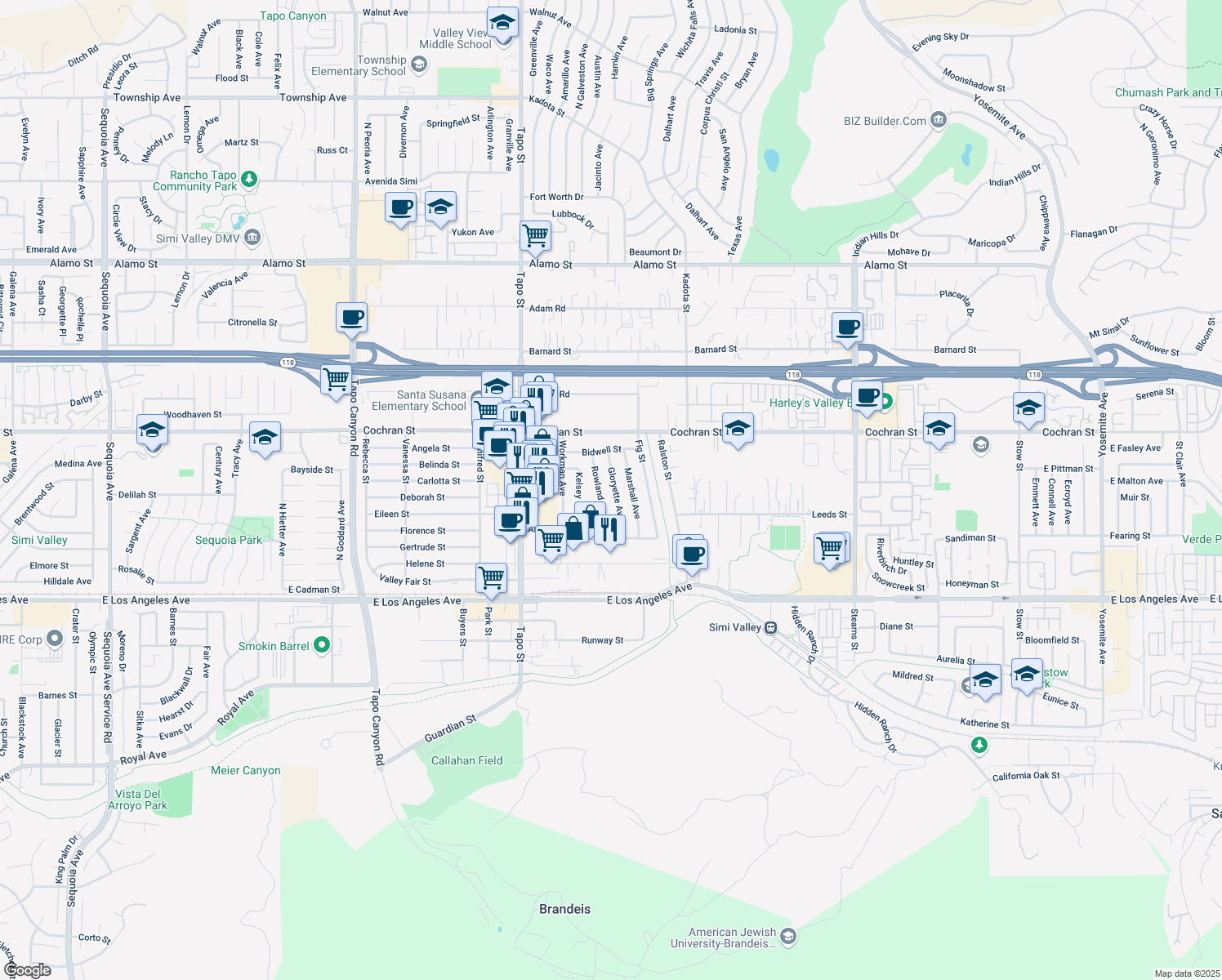map of restaurants, bars, coffee shops, grocery stores, and more near 2295 Gloryette Avenue in Simi Valley