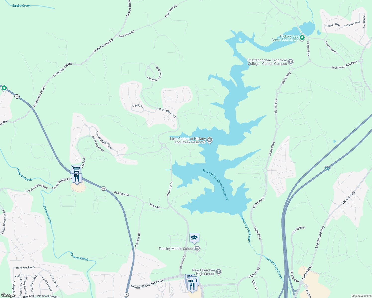 map of restaurants, bars, coffee shops, grocery stores, and more near 100 Sunshower Ridge in Canton