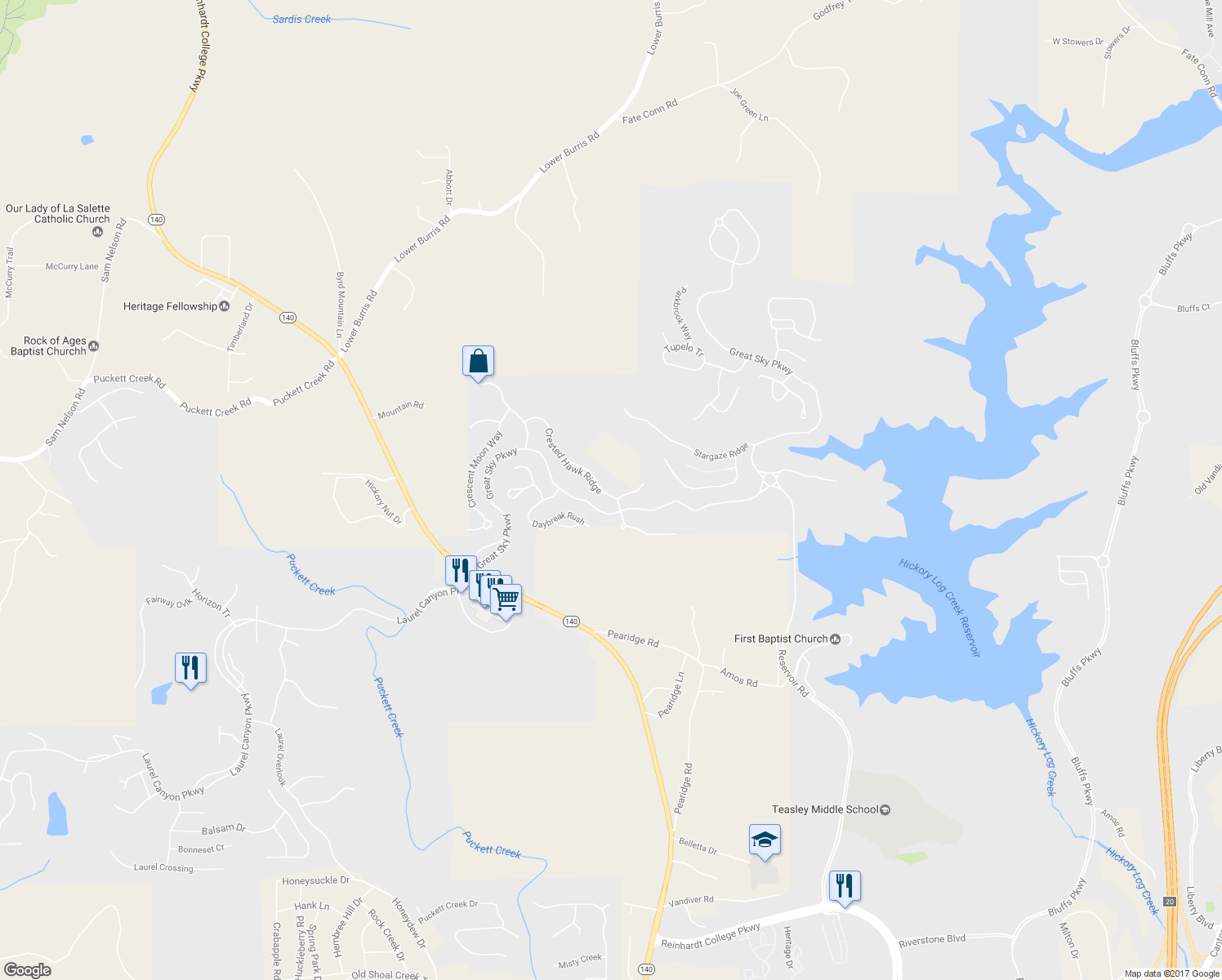 map of restaurants, bars, coffee shops, grocery stores, and more near 539 Crested Hawk Ridge in Canton