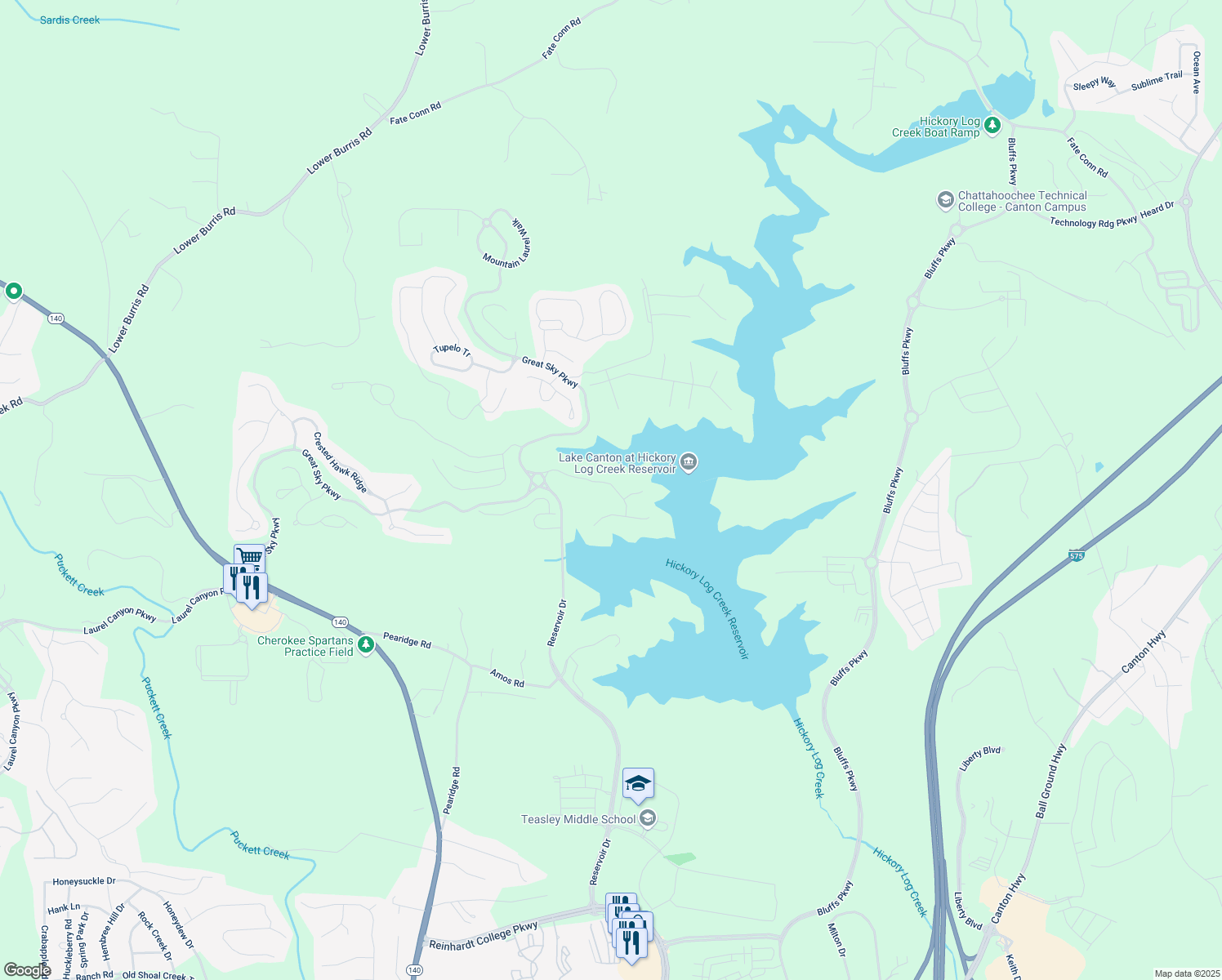 map of restaurants, bars, coffee shops, grocery stores, and more near 178 Sunshower Ridge in Canton