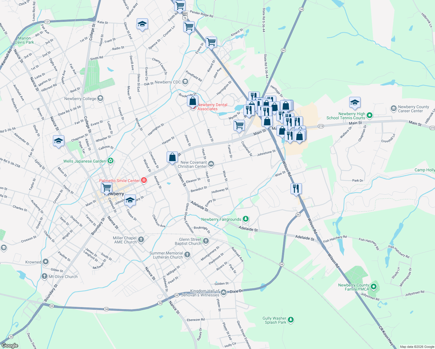 map of restaurants, bars, coffee shops, grocery stores, and more near 2324 Eleanor Street in Newberry