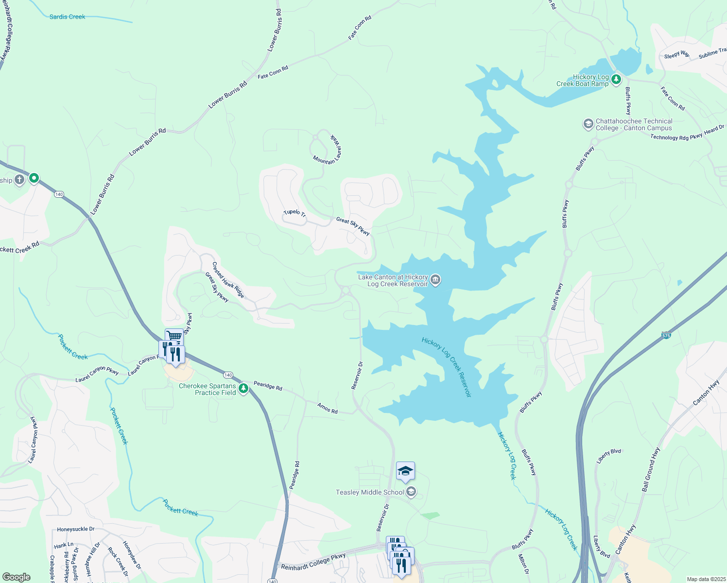 map of restaurants, bars, coffee shops, grocery stores, and more near 100 Sunshower Ridge in Canton