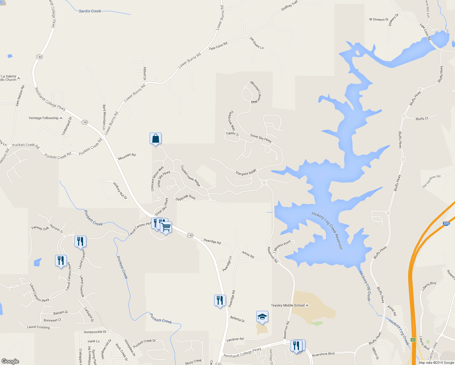 map of restaurants, bars, coffee shops, grocery stores, and more near 535 Wooded Mountain Trail in Canton