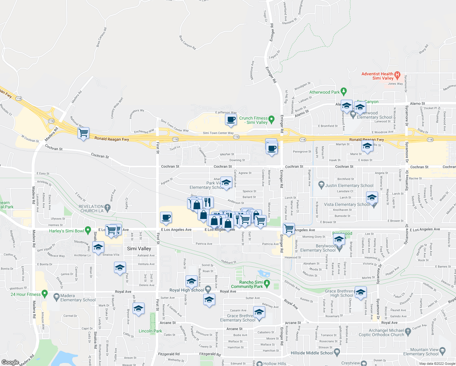 map of restaurants, bars, coffee shops, grocery stores, and more near 1500 Alexander Street in Simi Valley
