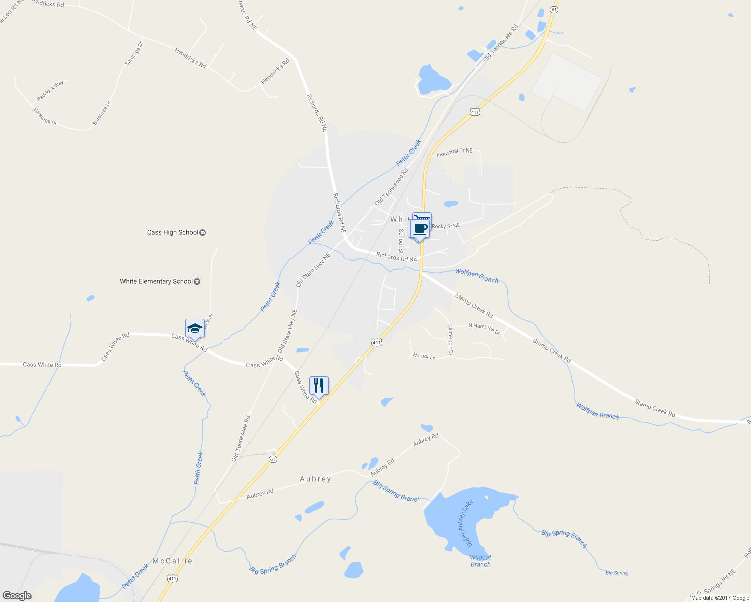 map of restaurants, bars, coffee shops, grocery stores, and more near 119 Whispering Pine Circle in Cartersville